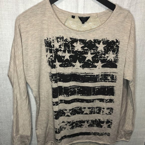 GUESS Beige Long Sleeve Top w Flag Print & Lace Back Detail - Picture 3 of 6